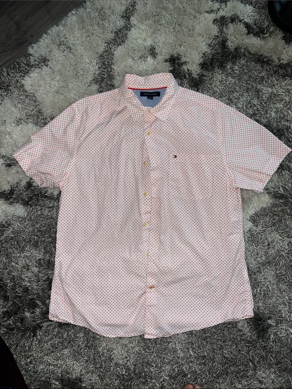 Tommy Hilfiger White Shirt with Red Micro Diamond Print and Navy Trim